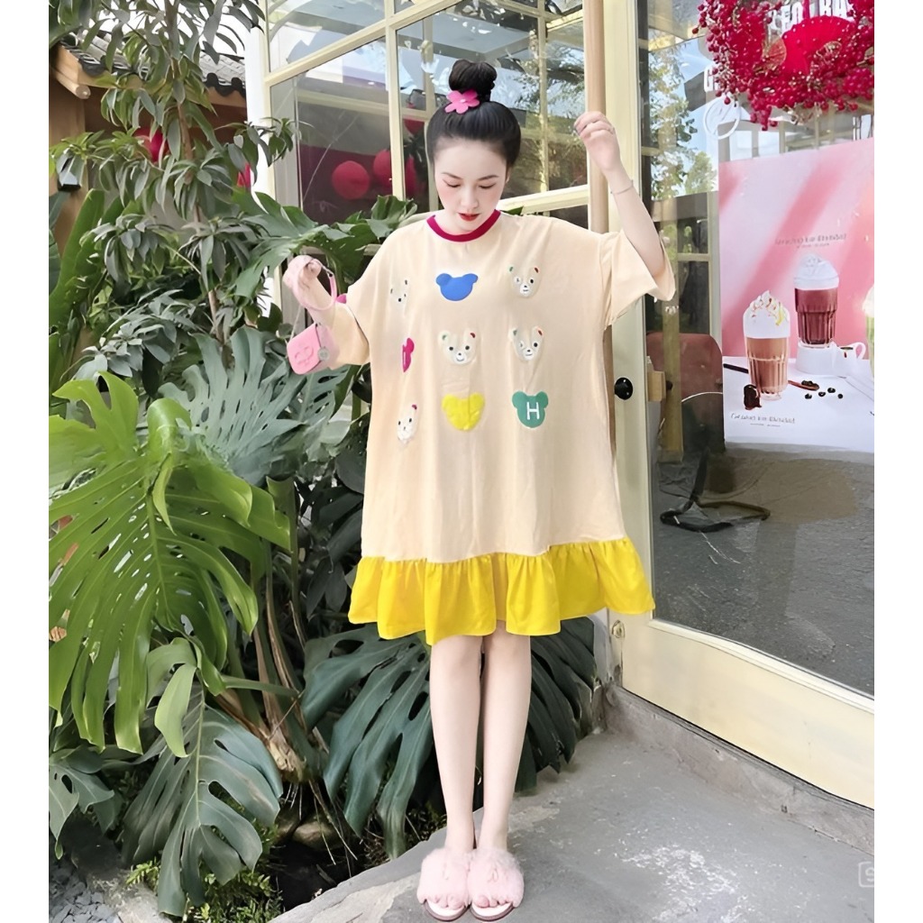 Đầm nữ Váy đuôi cá dáng babydoll cộc tay phối màu họa tiết cún cute dễ thương  dáng rộng bigsize bầy mặc được trẻ T1240G