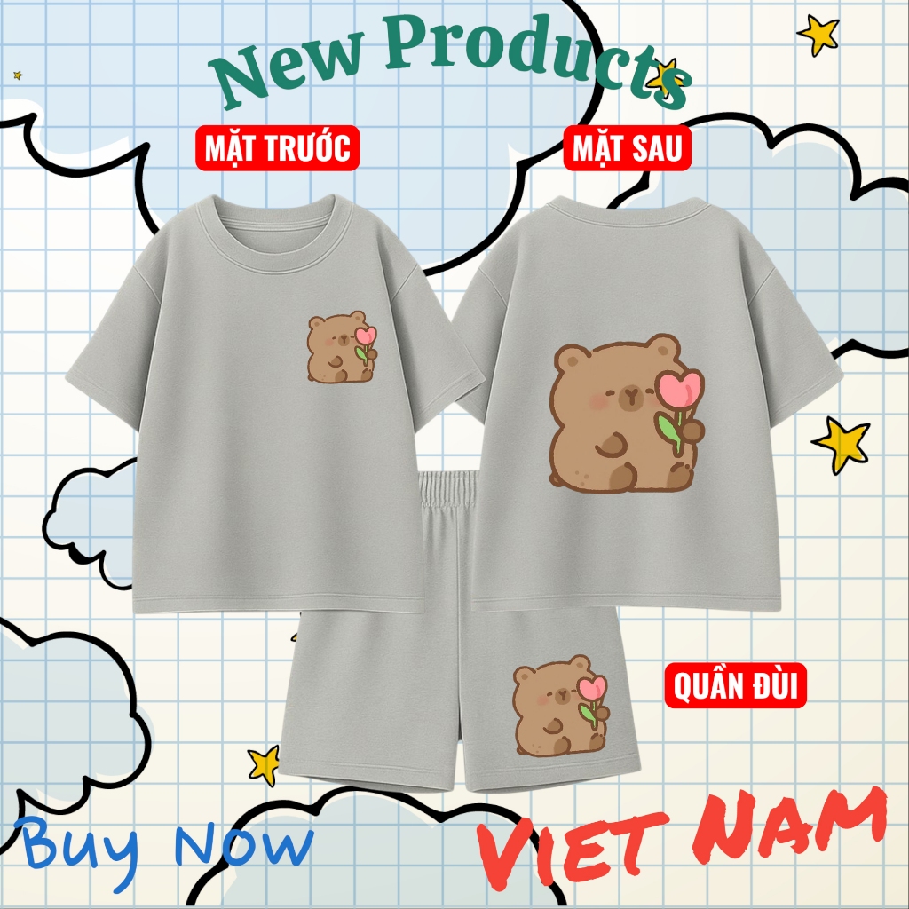 Set Bộ Trẻ Em Cotton Thoáng Mát – In 2 Mặt Hình Gấu Nâu Ôm Hoa Tulip Dễ Thương, Vải Mềm Mịn (M 262)