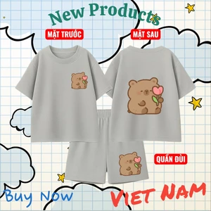 Set Bộ Trẻ Em Cotton Thoáng Mát – In 2 Mặt Hình Gấu Nâu Ôm Hoa Tulip Dễ Thương, Vải Mềm Mịn (M 262)
