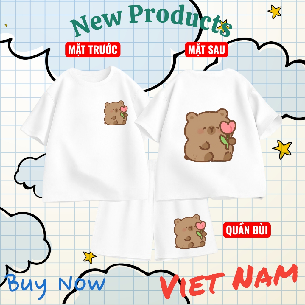 Set Bộ Trẻ Em Cotton Thoáng Mát – In 2 Mặt Hình Gấu Nâu Ôm Hoa Tulip Dễ Thương, Vải Mềm Mịn (M 262)