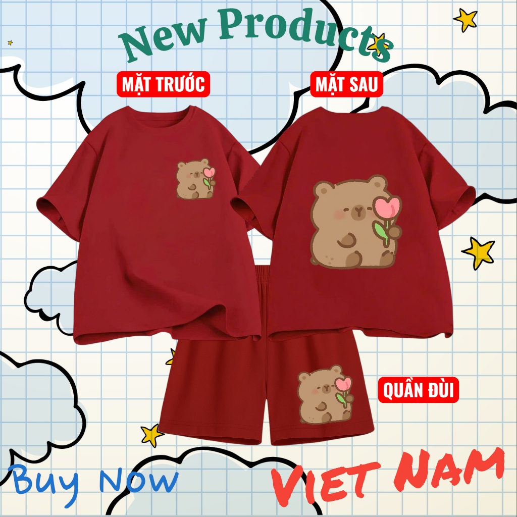 Set Bộ Trẻ Em Cotton Thoáng Mát – In 2 Mặt Hình Gấu Nâu Ôm Hoa Tulip Dễ Thương, Vải Mềm Mịn (M 262)
