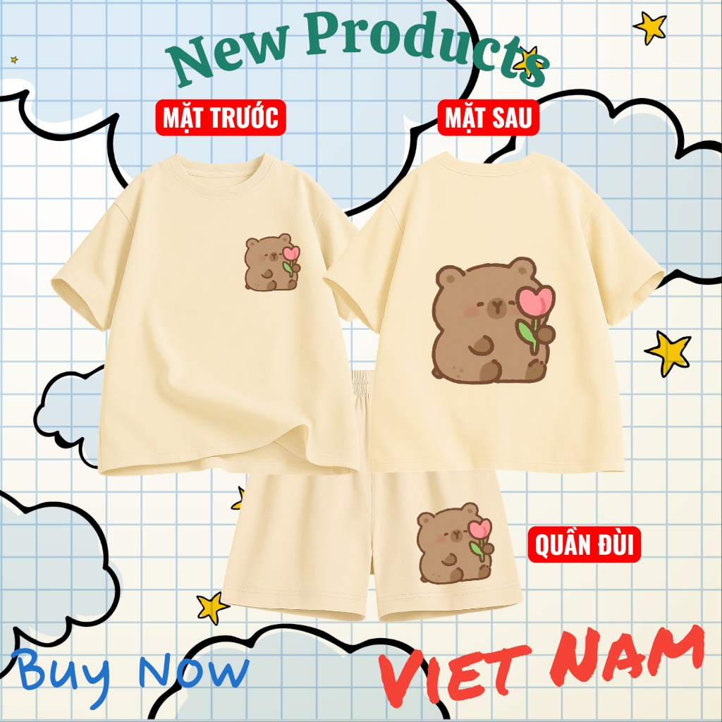 Set Bộ Trẻ Em Cotton Thoáng Mát – In 2 Mặt Hình Gấu Nâu Ôm Hoa Tulip Dễ Thương, Vải Mềm Mịn (M 262)