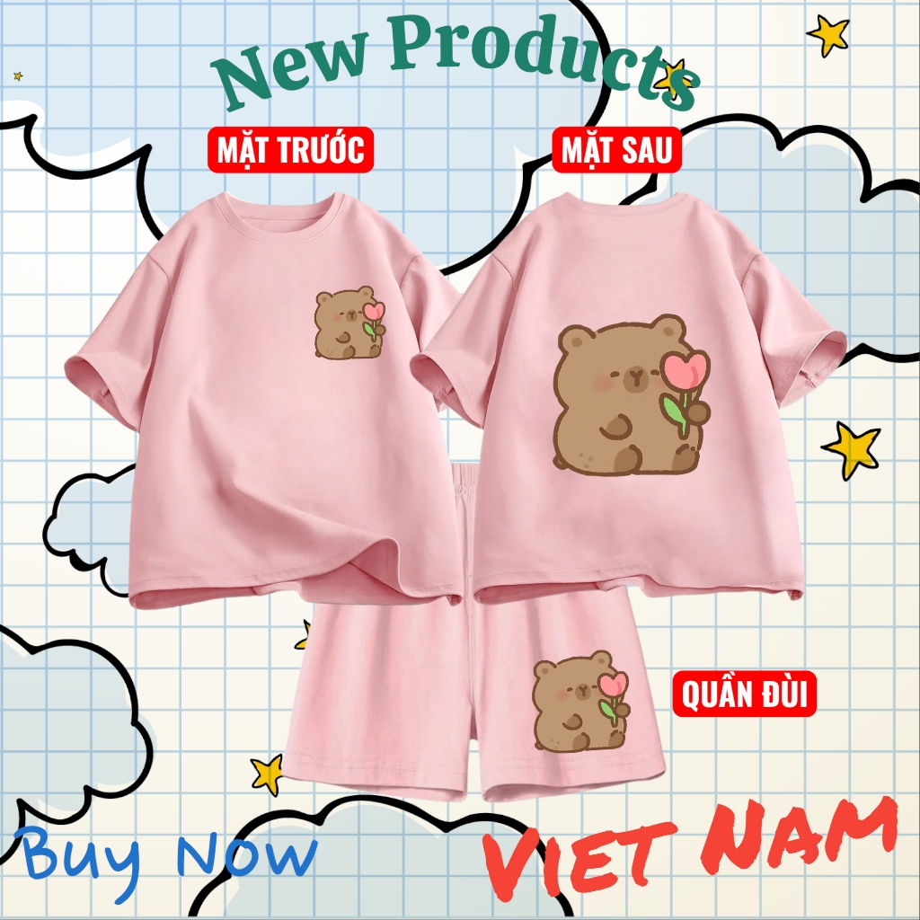 Set Bộ Trẻ Em Cotton Thoáng Mát – In 2 Mặt Hình Gấu Nâu Ôm Hoa Tulip Dễ Thương, Vải Mềm Mịn (M 262)