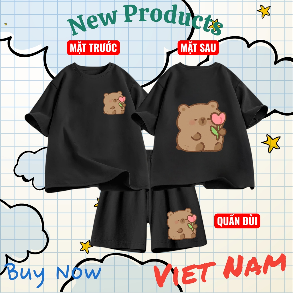 Set Bộ Trẻ Em Cotton Thoáng Mát – In 2 Mặt Hình Gấu Nâu Ôm Hoa Tulip Dễ Thương, Vải Mềm Mịn (M 262)
