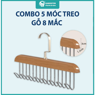 Combo 5 móc treo gỗ 8 mắc treo đồ đa năng áo lót túi cà vạt thắt lưng tiện dụng #A195