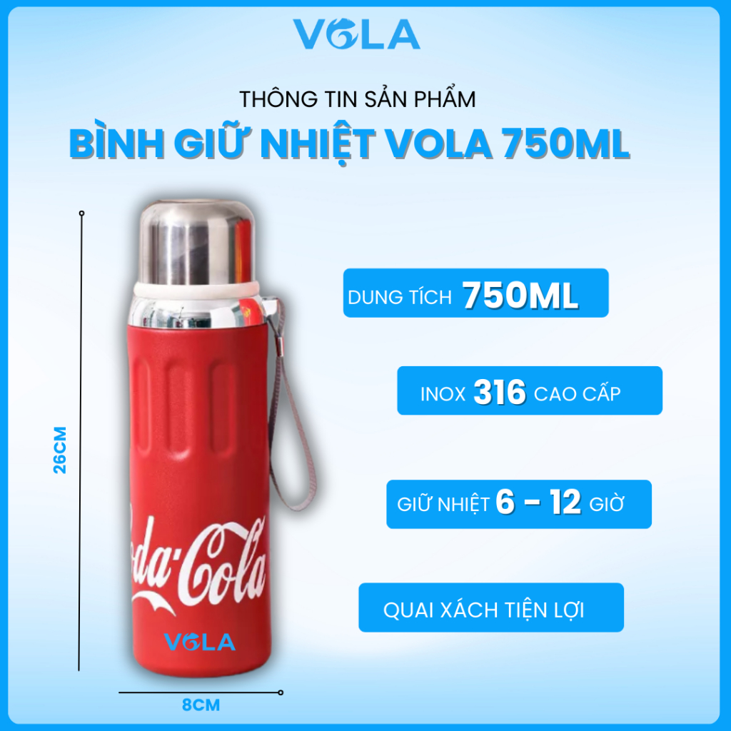 Bình giữ nhiệt VOLA 750ml inox 316, Bình giữ nhiệt dung tích lớn có dây treo và khắc tên miễn phí