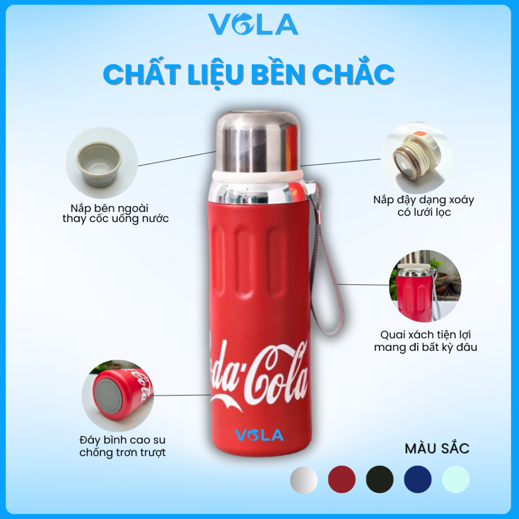 Bình giữ nhiệt VOLA 750ml inox 316, Bình giữ nhiệt dung tích lớn có dây treo và khắc tên miễn phí