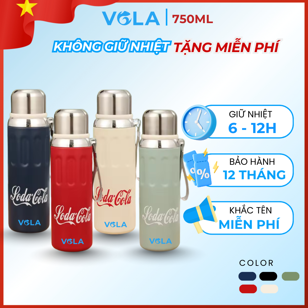 Bình giữ nhiệt VOLA 750ml inox 316, Bình giữ nhiệt dung tích lớn có dây treo và khắc tên miễn phí