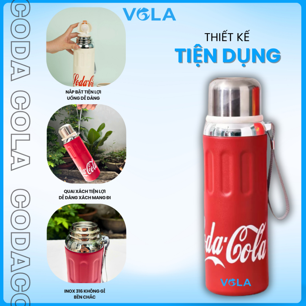 Bình giữ nhiệt VOLA 750ml inox 316, Bình giữ nhiệt dung tích lớn có dây treo và khắc tên miễn phí