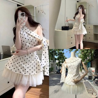 Set váy ngắn thời trang nữ chất áo Mango thiết kế cột dây nơ vai 1 bên in chấm bi phối váy lưới dáng xoè 2 lớp