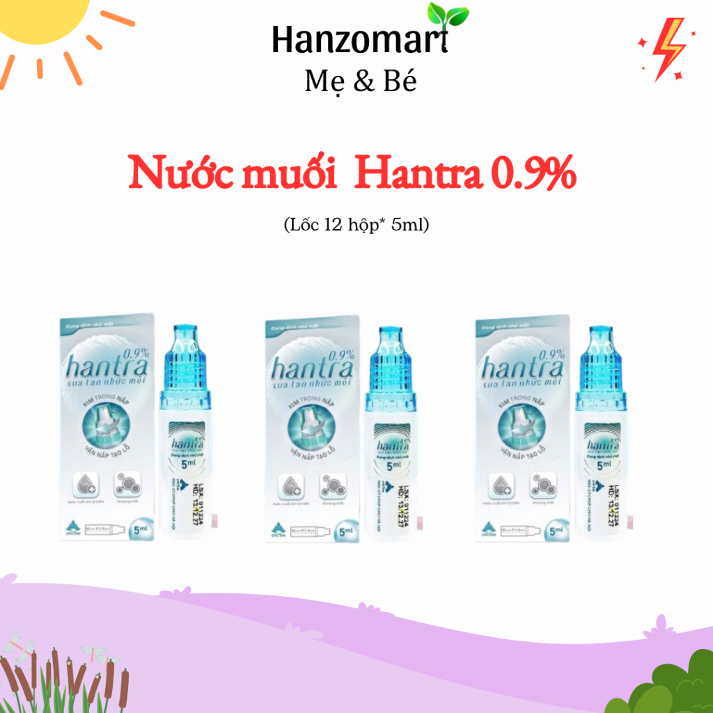 Nước muối sinh lý nhỏ mắt mũi Hantra 0,9% vệ sinh, giảm khô mắt ( 12 lọ x5ml )
