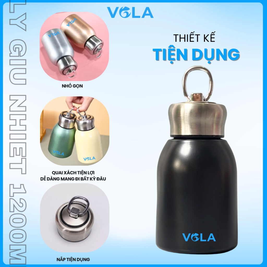 Bình giữ nhiệt VOLA 300ml inox 304, Bình giữ nhiệt mini có quai xách nhỏ gọn tiện lợi, khắc tên miễn phí