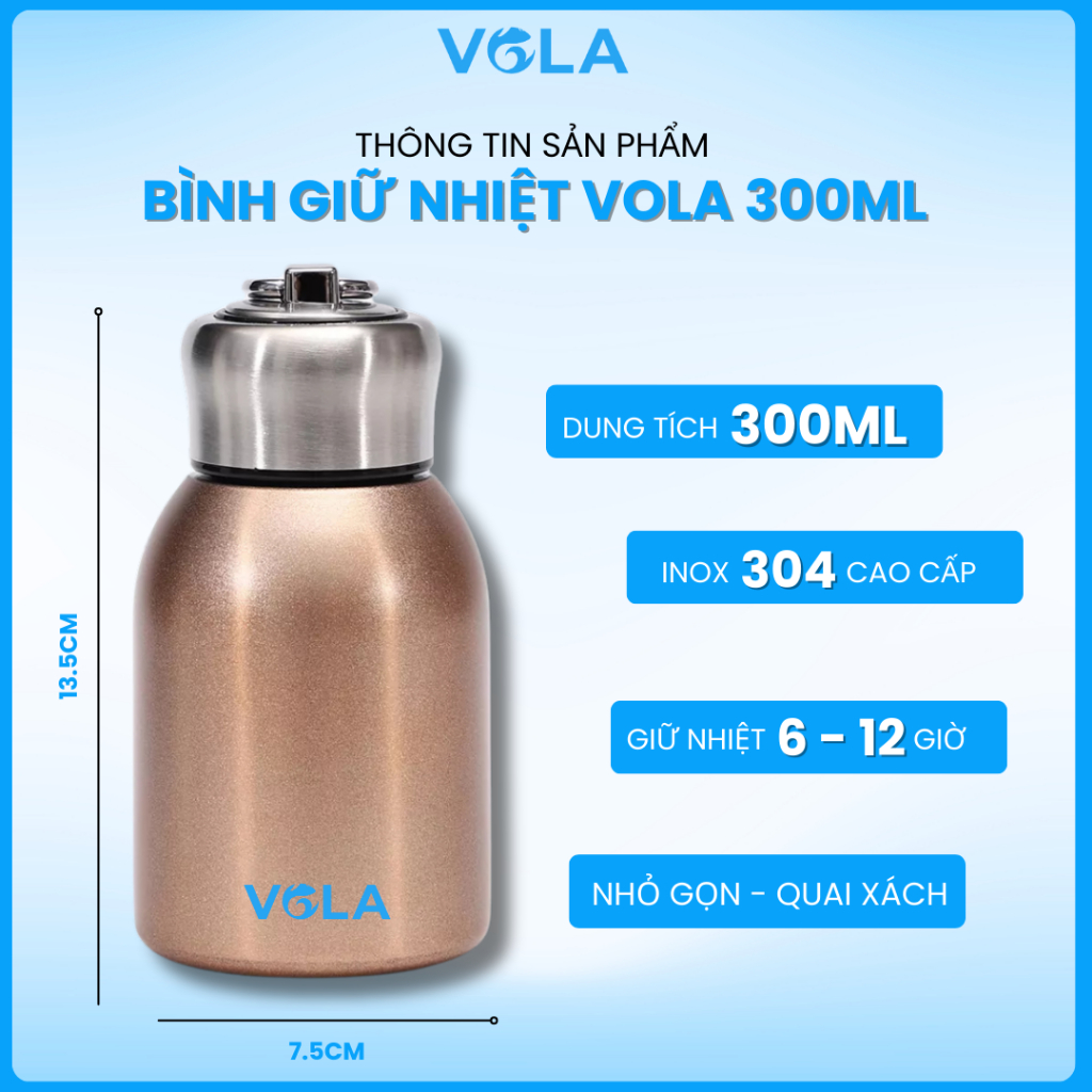 Bình giữ nhiệt VOLA 300ml inox 304, Bình giữ nhiệt mini có quai xách nhỏ gọn tiện lợi, khắc tên miễn phí