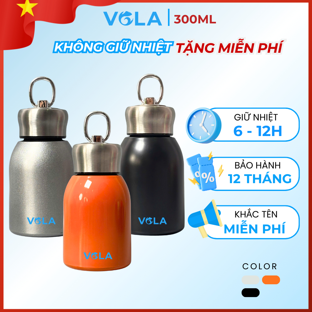 Bình giữ nhiệt VOLA 300ml inox 304, Bình giữ nhiệt mini có quai xách nhỏ gọn tiện lợi, khắc tên miễn phí