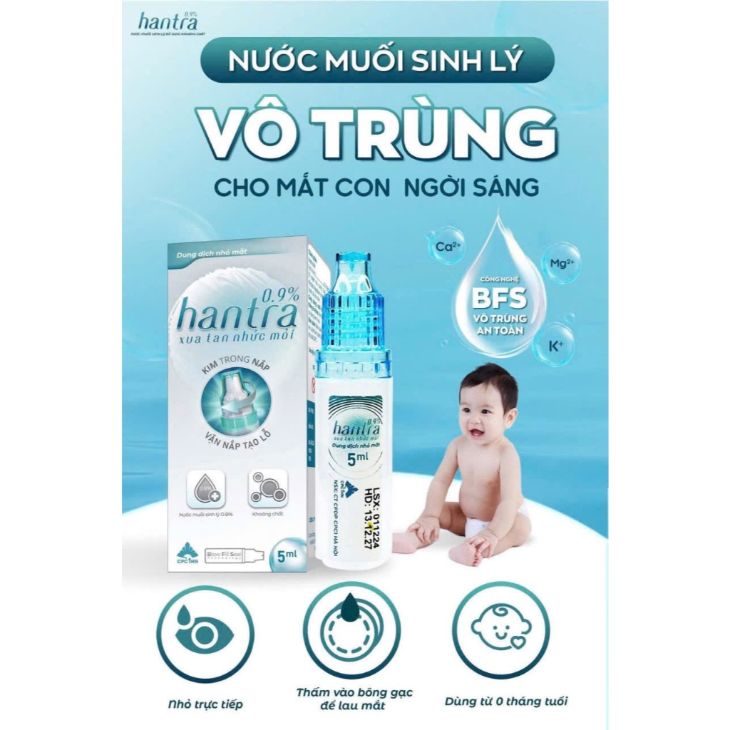 Nước muối sinh lý nhỏ mắt mũi Hantra 0,9% vệ sinh, giảm khô mắt ( 12 lọ x5ml )