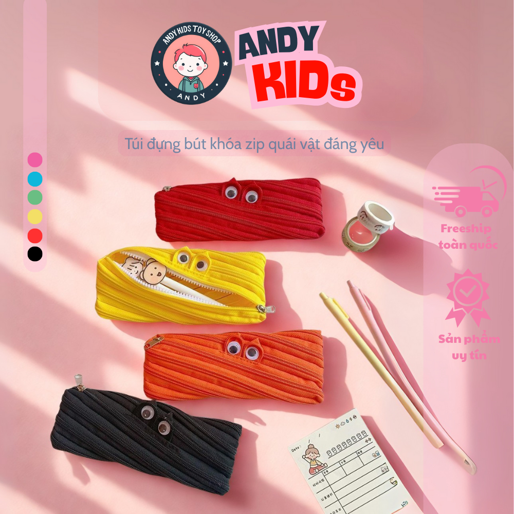 Túi vải đựng bút viết túi zip Quái vật nhỏ ANDY KIDS hộp thiết kế 2 dây ...