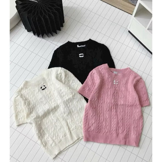 LT - Áo len nữ cộc tay xoắn thừng cổ tròn chữ đính ngực free size ôm nhẹ mã 610