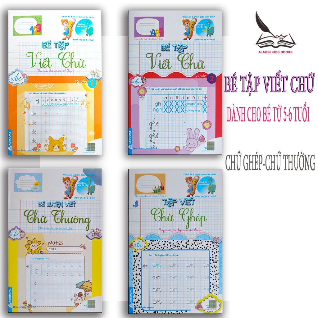 Sách-  Bé Tập Viết Chữ Quyển 1 - Quyển 2-  Chữ Ghép- Chữ Thường Dành Cho Bé 5-6 Tuổi