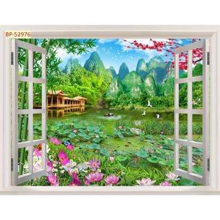 Tranh dán tường 3D khung cửa sổ sang trọng, lịch sự mẫu mã đẹp mắt, phù hợp nhiều không gian