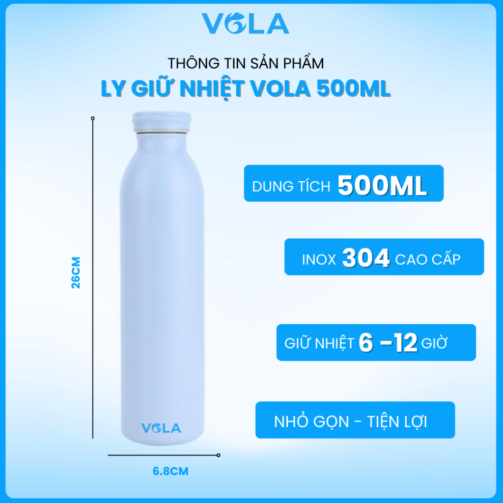 Bình giữ nhiệt VOLA 500ml inox 304 cao cấp, Bình giữ nhiệt tone pastel nhẹ nhàng khắc tên miễn phí
