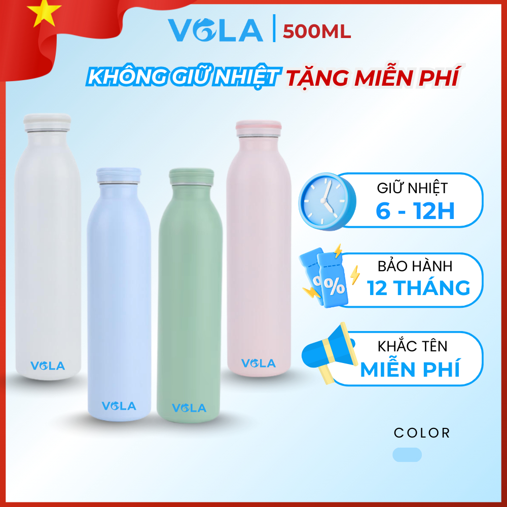 Bình giữ nhiệt VOLA 500ml inox 304 cao cấp, Bình giữ nhiệt tone pastel nhẹ nhàng khắc tên miễn phí
