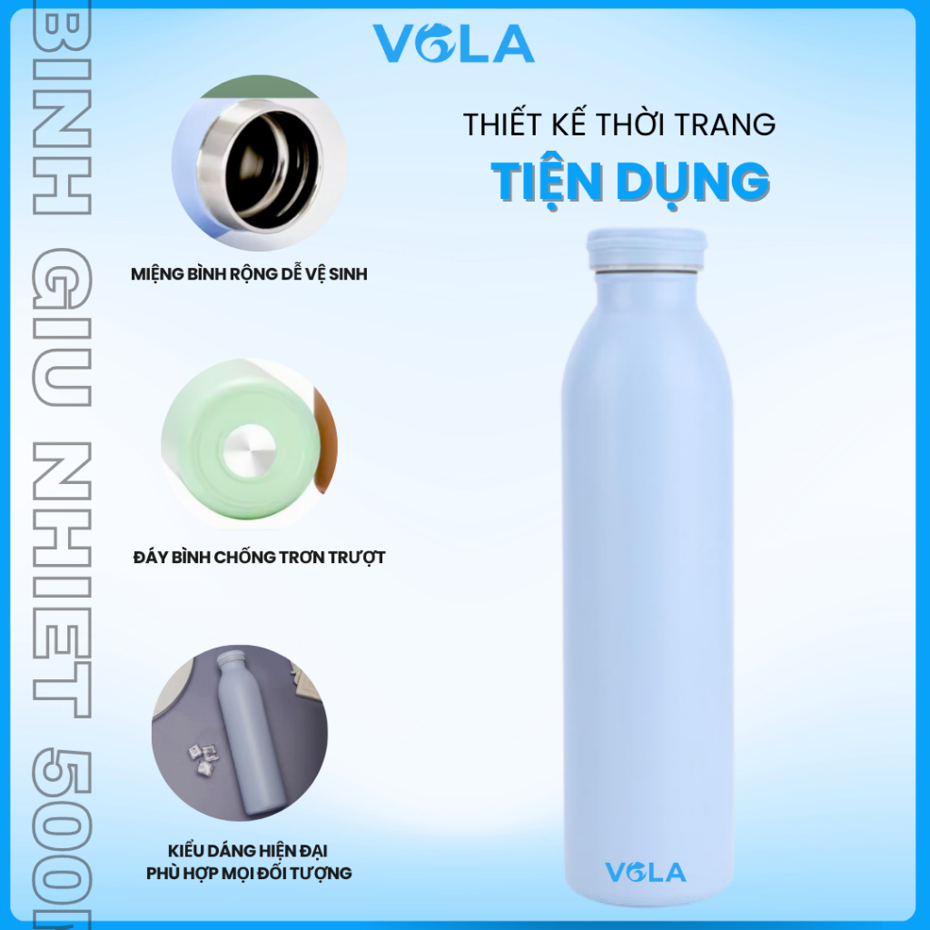 Bình giữ nhiệt VOLA 500ml inox 304 cao cấp, Bình giữ nhiệt tone pastel nhẹ nhàng khắc tên miễn phí