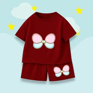 Bộ Quần Áo Trẻ Em Chất Cotton Mềm Mại – Hình Nơ Hồng Xanh Đáng Yêu, Thoải Mái Mặc Mùa Hè (M 263)