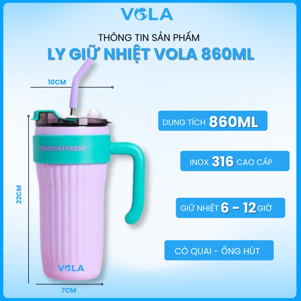 Ly giữ nhiệt VOLA 860ml inox 316 cao cấp, Bình giữ nhiệt dung tích lớn có quai cầm và ống hút sẵn
