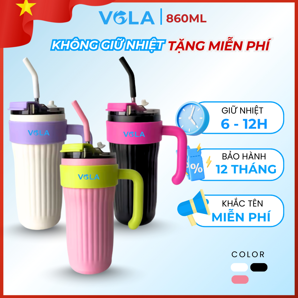 Ly giữ nhiệt VOLA 860ml inox 316 cao cấp, Bình giữ nhiệt dung tích lớn có quai cầm và ống hút sẵn
