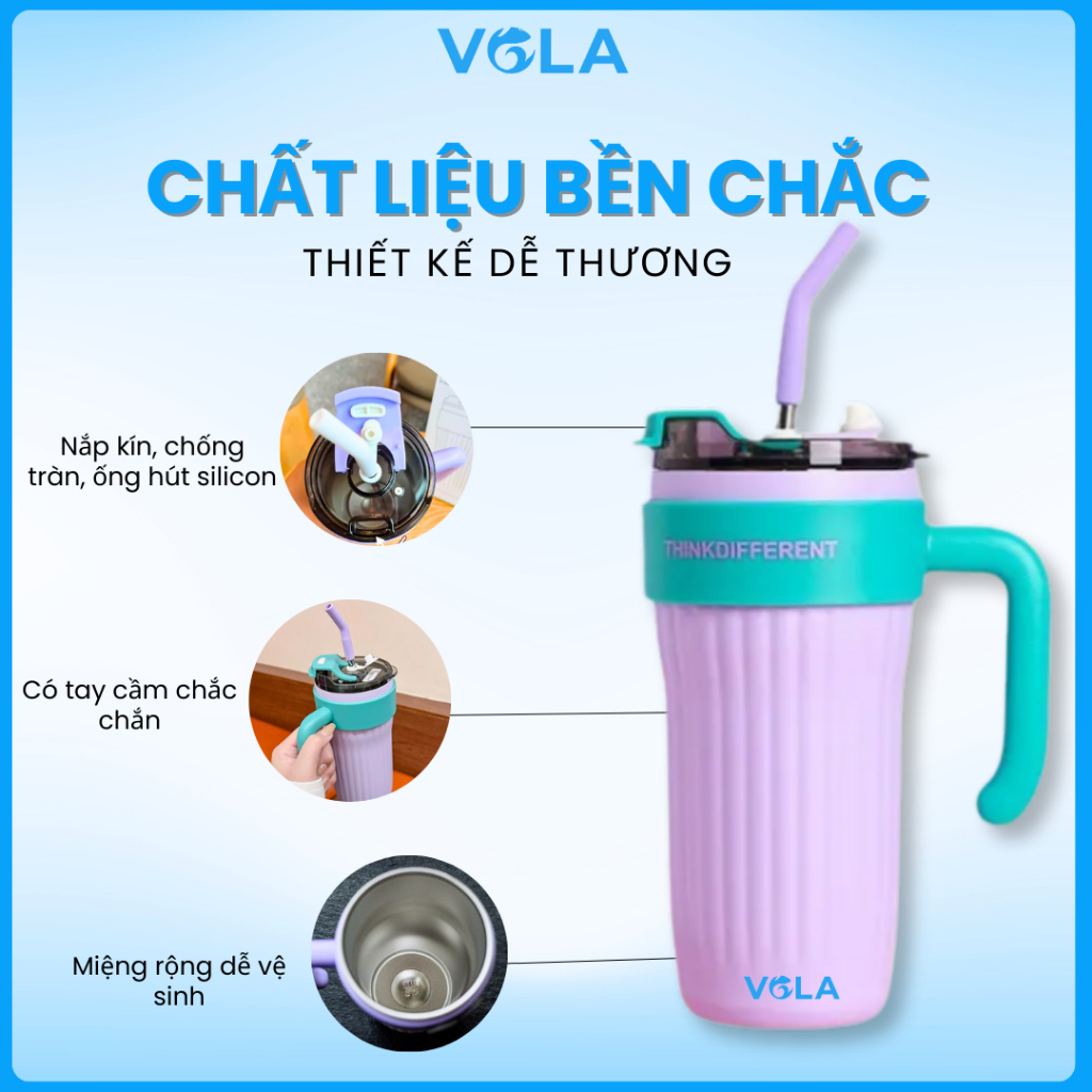 Ly giữ nhiệt VOLA 860ml inox 316 cao cấp, Bình giữ nhiệt dung tích lớn có quai cầm và ống hút sẵn