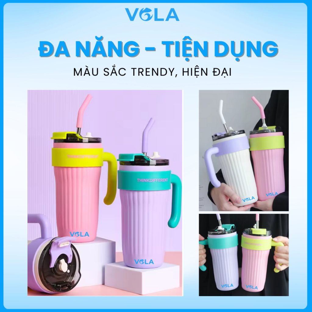 Ly giữ nhiệt VOLA 860ml inox 316 cao cấp, Bình giữ nhiệt dung tích lớn có quai cầm và ống hút sẵn