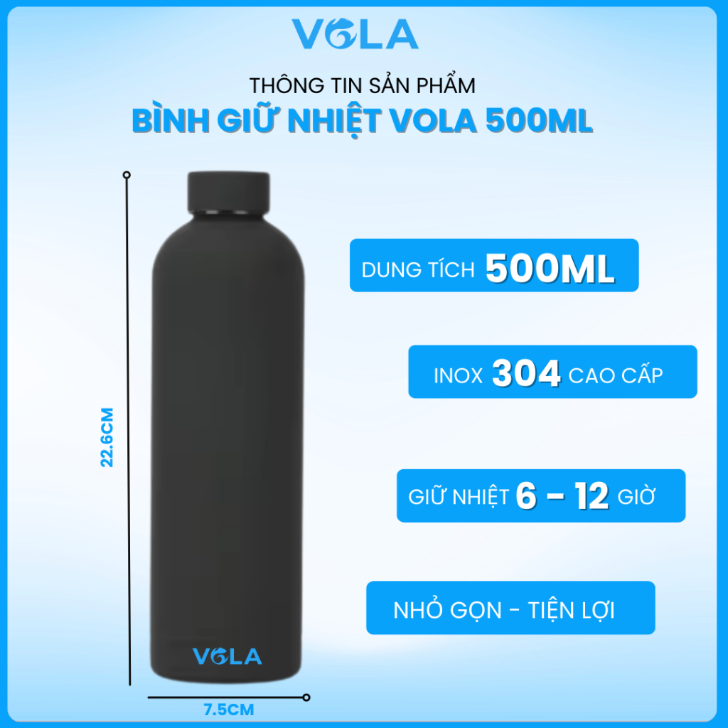Bình giữ nhiệt VOLA 500ml inox 304, Bình giữ nhiệt nhỏ gọn thời trang, có khắc tên miễn phí