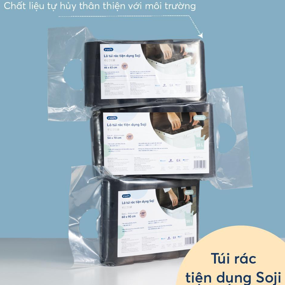 Túi rác tự hủy sinh học có quai tiện dụng. Túi rác tiện dụng Soji 10L, 25L, 50L chính hãng INOCHI