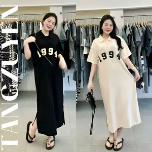 Đầm nữ cổ bẻ form rộng Váy polo dáng dài số 1994 cộc tay xẻ tà đen be bigsize bầu mặc được basic mặc nhà đi chơi T1239G