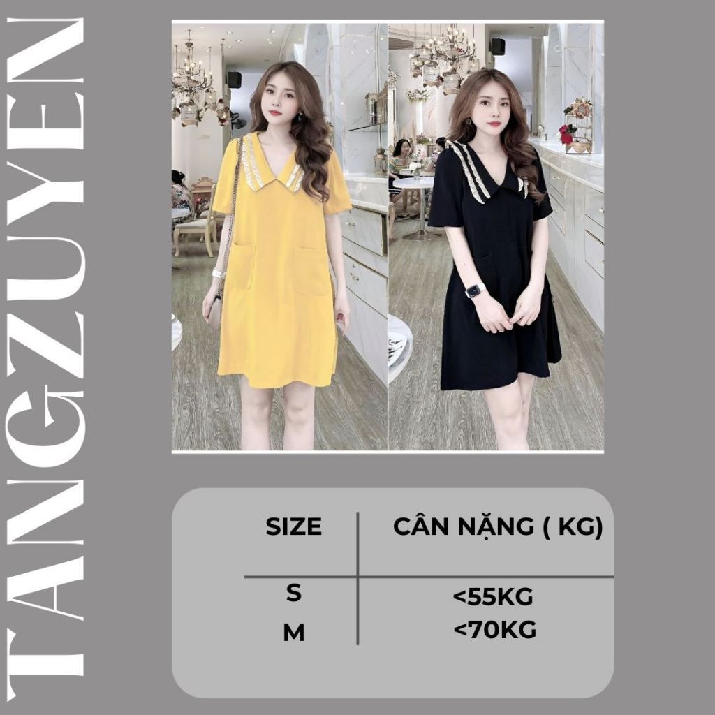 Đầm nữ babydoll cổ thủy thủ to phối bèo bigsize dễ thương Váy cổ tim suông dáng ngắn cộc tay form rộng vàng đen T1241G
