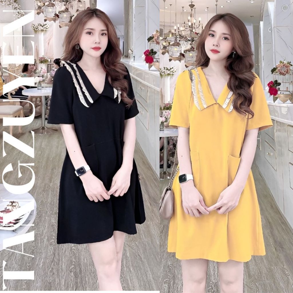 Đầm nữ babydoll cổ thủy thủ to phối bèo bigsize dễ thương Váy cổ tim suông dáng ngắn cộc tay form rộng vàng đen T1241G