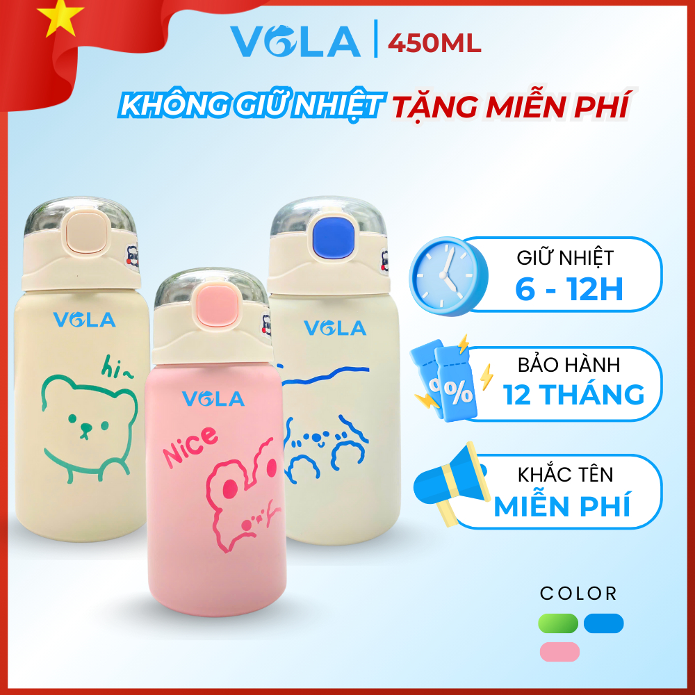 Bình giữ nhiệt VOLA 450ml inox 304, Bình giữ nhiệt dễ thương cute có khắc tên miễn phí