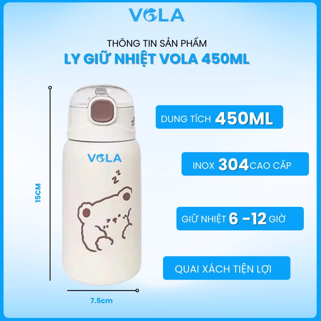 Bình giữ nhiệt VOLA 450ml inox 304, Bình giữ nhiệt dễ thương cute có khắc tên miễn phí