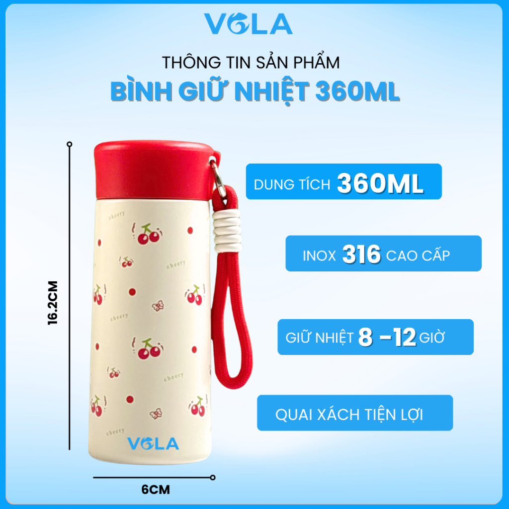 Bình giữ nhiệt VOLA 360ml inox 316 cao cấp, Bình giữ nhiệt nhỏ gọn tiện dụng khắc tên miễn phí
