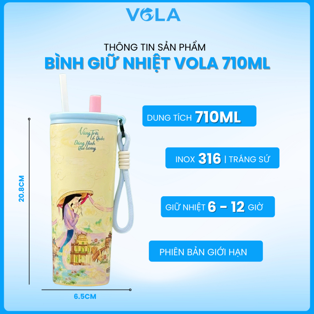 Ly giữ nhiệt VOLA 710ml cao cấp tráng sứ in họa tiết dân tộc, ly giữ nhiệt ép kim thiết kế độc quyền