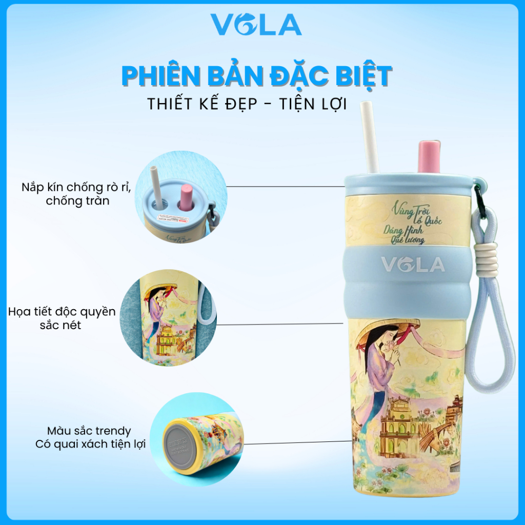 Ly giữ nhiệt VOLA 710ml cao cấp tráng sứ in họa tiết dân tộc, ly giữ nhiệt ép kim thiết kế độc quyền