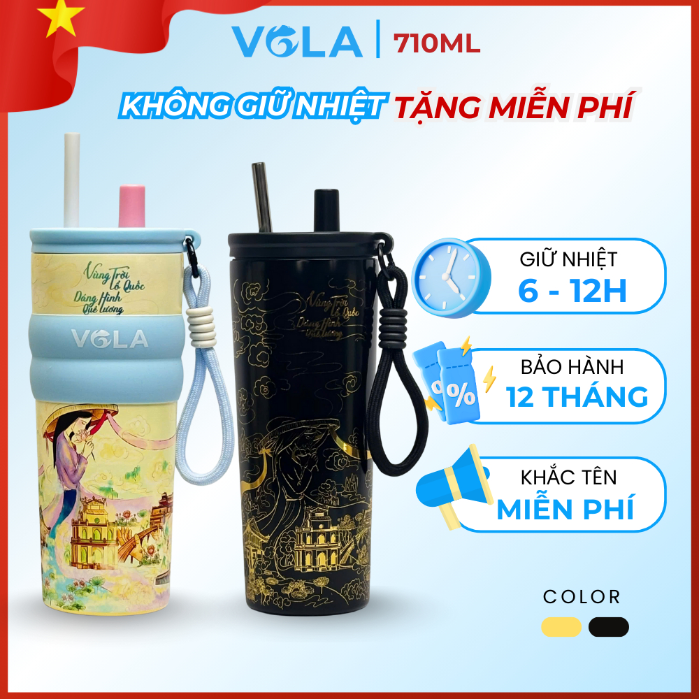Ly giữ nhiệt VOLA 710ml cao cấp tráng sứ in họa tiết dân tộc, ly giữ nhiệt ép kim thiết kế độc quyền