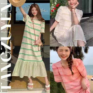 Đầm nữ Váy suông dáng dài cộc tay không cổ kẻ ngang sang trọng đuôi cá form rộng bánh bèo xinh bigsize bầu chubby T1232G