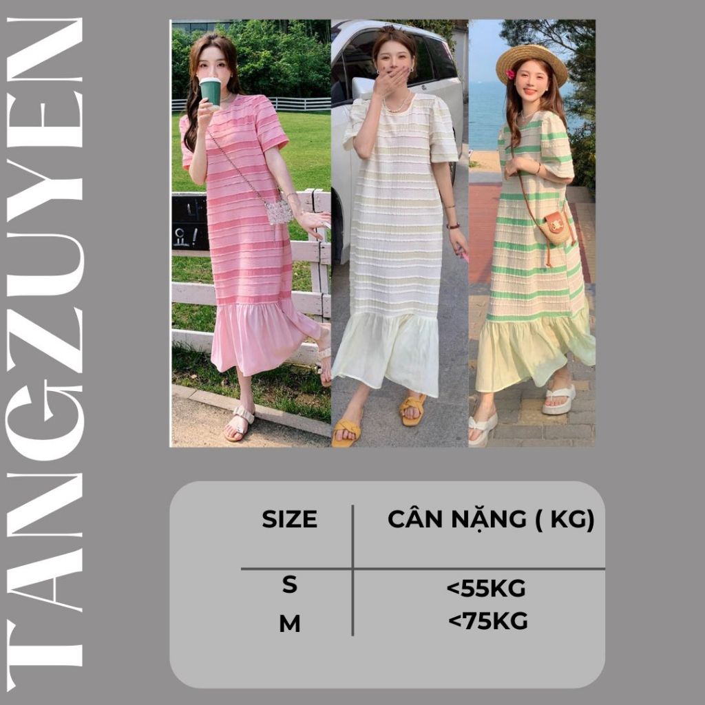 Đầm nữ Váy suông dáng dài cộc tay không cổ kẻ ngang sang trọng đuôi cá form rộng bánh bèo xinh bigsize bầu chubby T1232G