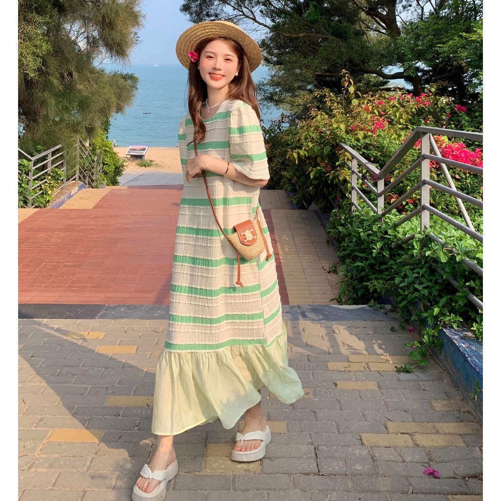 Đầm nữ Váy suông dáng dài cộc tay không cổ kẻ ngang sang trọng đuôi cá form rộng bánh bèo xinh bigsize bầu chubby T1232G