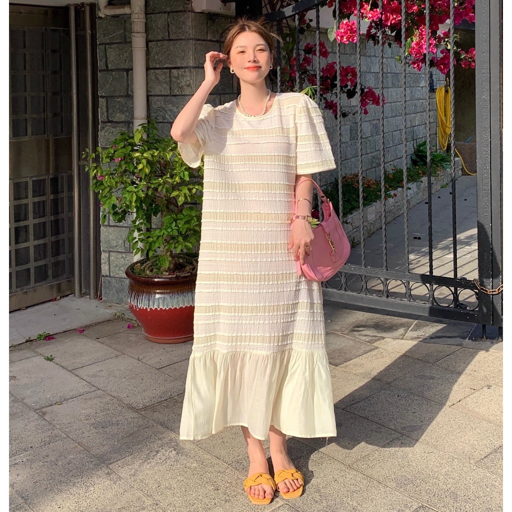 Đầm nữ Váy suông dáng dài cộc tay không cổ kẻ ngang sang trọng đuôi cá form rộng bánh bèo xinh bigsize bầu chubby T1232G