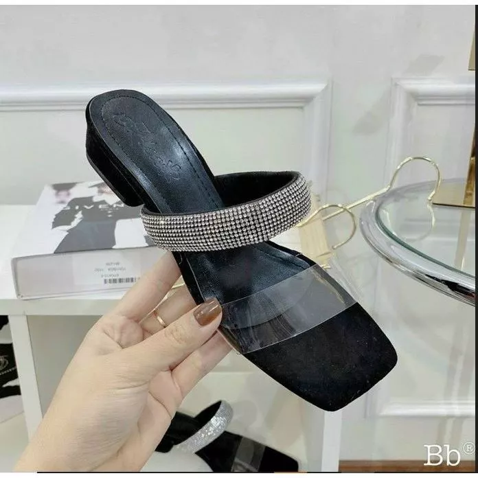 (Xả kho guốc nữ) Guốc Nữ 1 Quai Đá Gót Vuông Pha Lê 3 Phân Gắn Hạt Xoàn Sang Chảnh (Sẵn Hàng)
