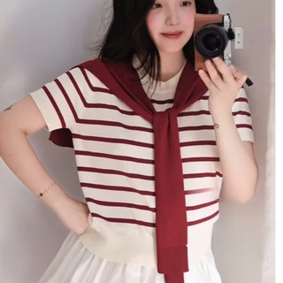 Áo Len Nữ Kẻ Đỏ Kèm Khăn Thời Trang Dáng Basic Phối Đồ Nữ Hiện Đại Trẻ Trung