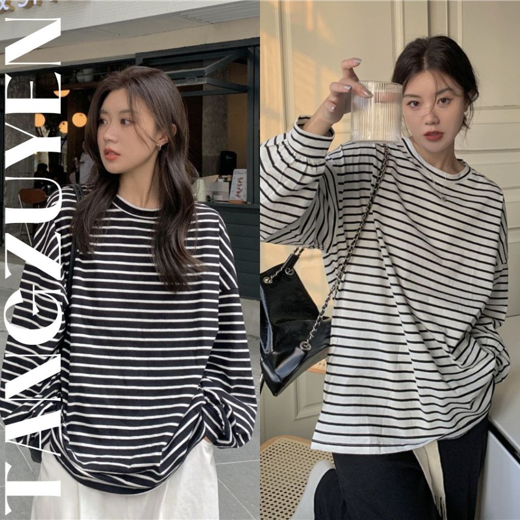 A027 Áo phông không cổ tròn nam nữ dáng to sọc Ulzzang hot hit Áo thun kẻ ngang đen trắng dài cộc tay form rộng unisex