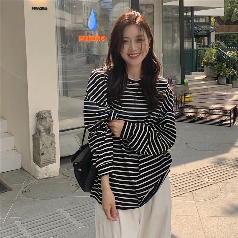 A027 Áo phông không cổ tròn nam nữ dáng to sọc Ulzzang hot hit Áo thun kẻ ngang đen trắng dài cộc tay form rộng unisex